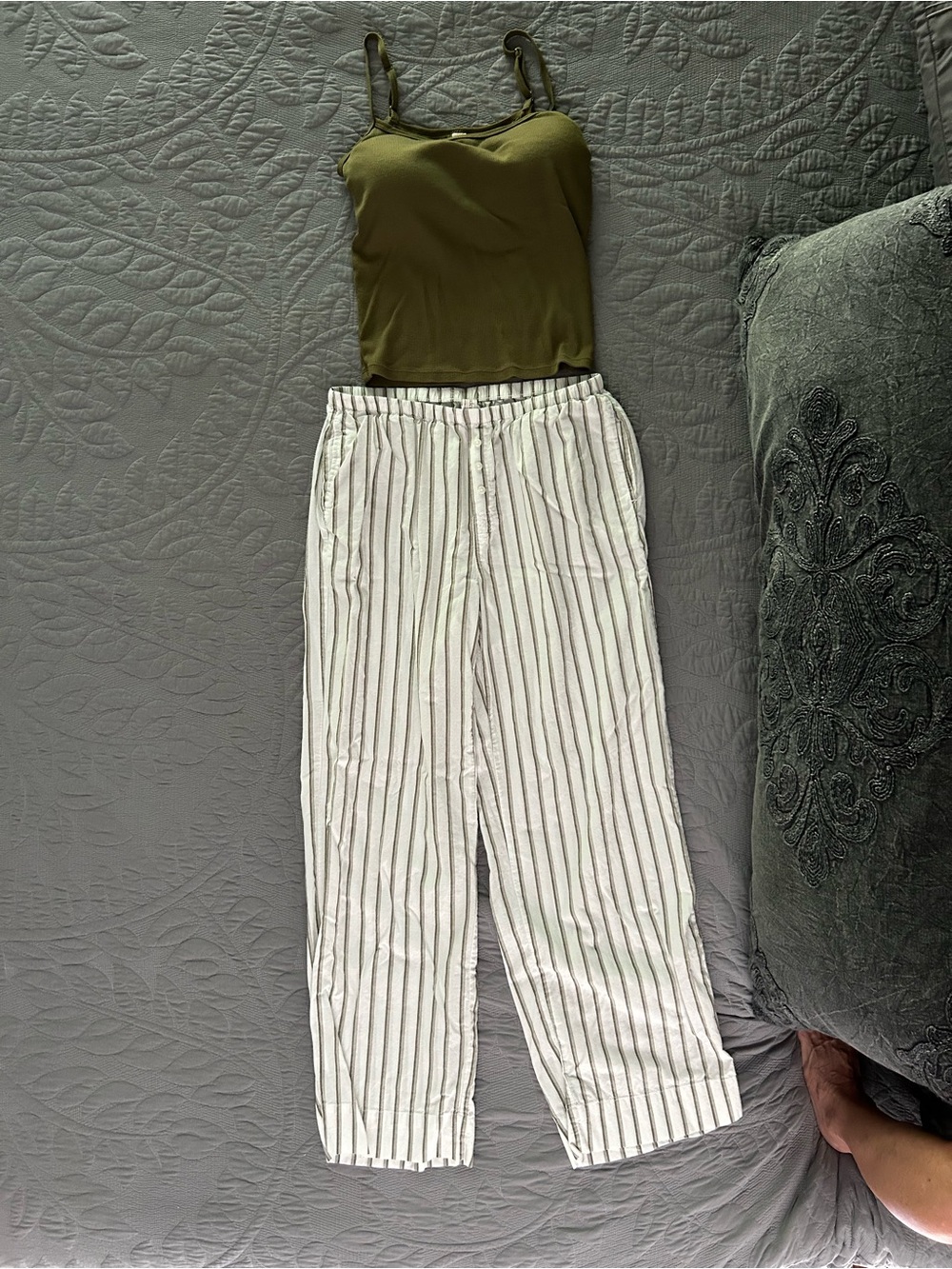 Auden Olive Green Cami with built-in bra,with White and Gray Striped Pajama Pant